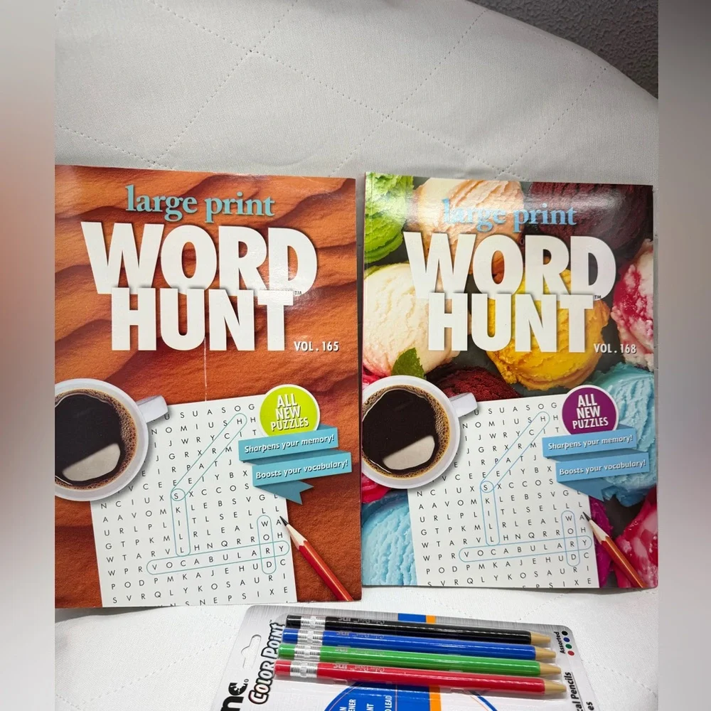 Large Print Word Hunt Puzzle Book Set with Colored Pencils